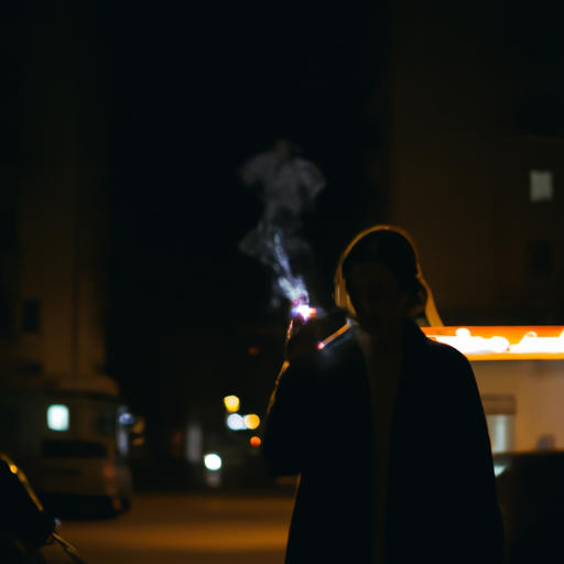 a girl smoking a cigarette in the center of the frame at night under streetlights with her face in darkness