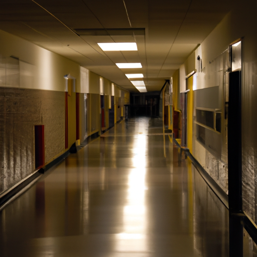 School hallway lit up by overhead lights in the dark